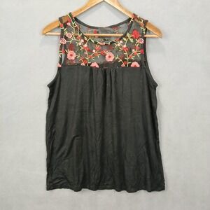 Lavender Sky Tank Top Womens Large Black Floral Embroidered Stretch Modern‎